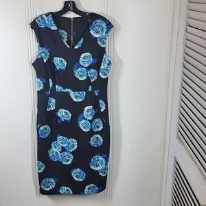 Tahari Black & Blue Flowered Sleeveless Dress